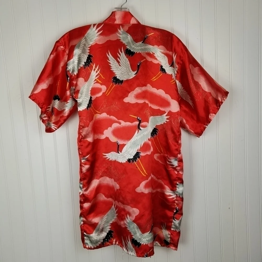 Vintage Kimono Robe Jacket Asian Bird Print Shiny Red White Clouds Missing Belt